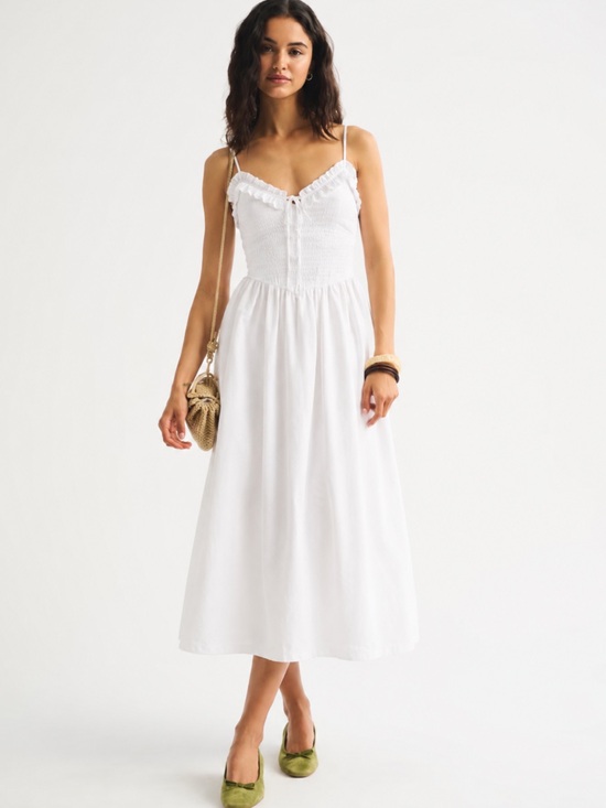 Japna Dresses & Skirts - Japa White Smocked Cotton Maxi Dress Ruffle Trim Cottagecore S